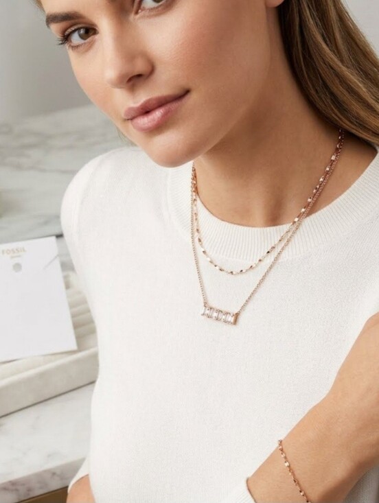 Fossil Jewelry - Fossil Rose-Tone Crystal Bar 18" Necklace and Dust Gift Bag NEW